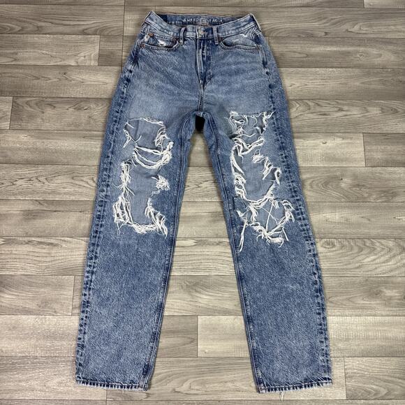American Eagle Baggy Jeans Straight Leg High Rise Ripped Medium Wash sz 4 - Picture 2 of 8